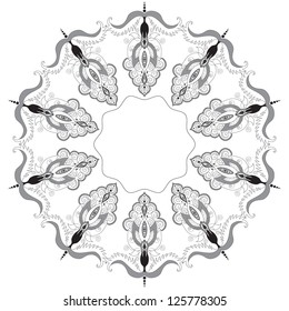 Round lace pattern with damask floral elements. Illustration in black, white and gray colors.
