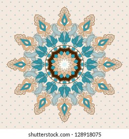 Round lace pattern with damask floral elements. Color easily changed.
