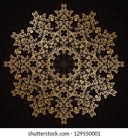 Round lace pattern in gold on a red background with swirls. Vintage design