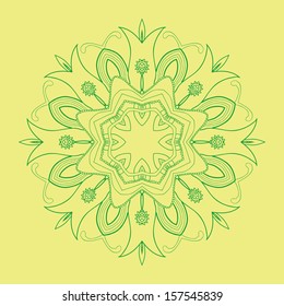 round lace pattern in green and yellow colors. Snowflake