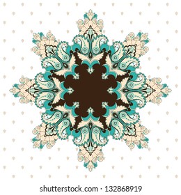 Round lace pattern with oriental floral elements on a simple seamless background. Vector illustration.