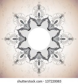 Round lace pattern with oriental floral elements on vintage background. Easy to change colors.