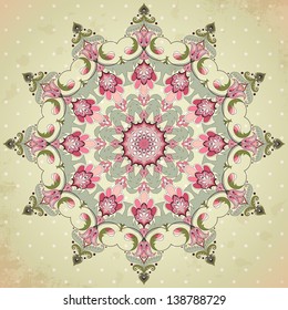 Round lace pattern with oriental floral elements on vintage background with polka dots and blotches