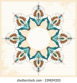 Round lace pattern with oriental floral elements on vintage shabby background.