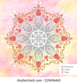 Round lace pattern with tulip flower. Decor with leaves and curls. Seamless delicate colored pencil background. Hand drawing.