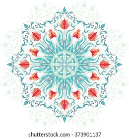 Round lace pattern with tulip flower. Decor with leaves and curls. 