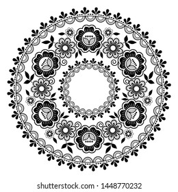 Round lace vector black pattern, retro mandala design with flowers and swirls on white background.

Beautiful monochrome wedding lace background, retro textile decoration with repetitive graphics