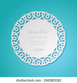 Round lacy cutout frame on blue. Vintage paper cut 3d ornamental background. Wedding invitation or greeting card design template. Laser cutting mandala element. Vector illustration