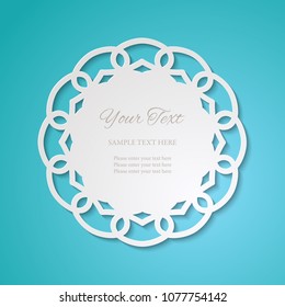 Round lacy cutout frame on blue. Vintage paper cut 3d ornamental background. Wedding invitation or greeting card design template. Laser cutting mandala element. Vector illustration