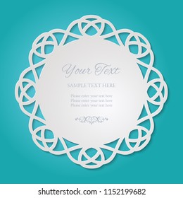Round lacy cutout frame on turquoise blue background. Vintage paper cut 3d ornamental border. Wedding invitation or greeting card design template. Laser cutting mandala element. Vector illustration