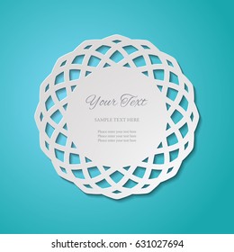 Round lacy cutout frame on blue. Vintage paper cut 3d ornamental background. Wedding invitation or greeting card design template. Laser cutting mandala element. Vector illustration