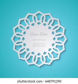 Round lacy cutout frame on turquoise blue background. Vintage paper cut 3d ornamental border. Invitation or greeting card design template. Laser cutting mandala element. Vector illustration