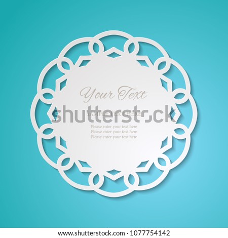 Round lacy cutout frame on blue. Vintage paper cut 3d ornamental background. Wedding invitation or greeting card design template. Laser cutting mandala element. Vector illustration