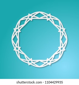 Round lacy frame with cutout borders on blue. Vintage paper cut 3d ornamental background. Invitation or greeting card design template. Laser cutting mandala element. Vector illustration
