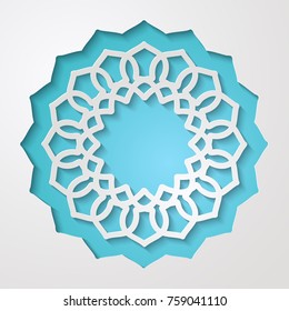 Round lacy frame with cutout borders on blue. Vintage paper cut 3d ornamental background. Invitation or greeting card design template. Laser cutting mandala element. Vector illustration