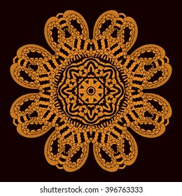 Round lacy gold decorative element on dark background. Mandala design. Vector illustration.