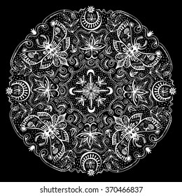 Round lacy ornament mystic mandala. Hand drawn zen art with night moths, lotuses, moons in black and white. Vintage design element for tattoo and t-shirt fashion design. Vector is EPS8.