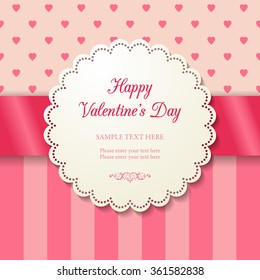 Round lacy ornamental frame on seamless pink background of hearts and stripes. Cutout doily with lacy borders and 3d red satin ribbon. Valentine's day greeting card. Vector illustration EPS 10