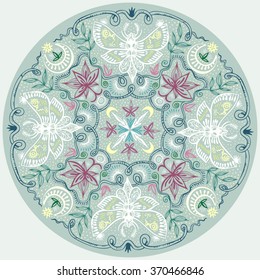 Round lacy pattern Indian style mandala. Hand drawn zen art with night moths, lotuses, moons in pastel colors. Spirituality and magic concept. Vector is EPS8.