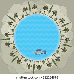Round Lake in the center of the oasis in the sand dunes of the desert
