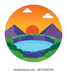 Round lake surrounded by mountains, sunset sky, and calm water.