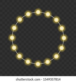 Round lamp garland with yellow light on the transparent background. Isolated vector glowing frame. Realistic festive element for cards, banners, posters