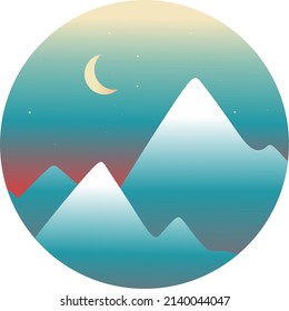 Round Landscape. High Mountains. A Month In The Starry Sky. Gradient. White, Blue, Red