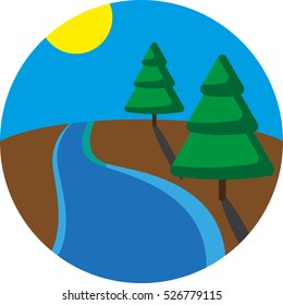 Round landscape icon. Flat style illustration. River in a forest