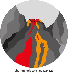 Round landscape icon. Flat style illustration. Volcanic eruption