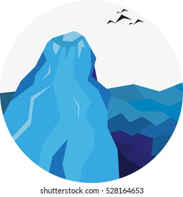 Round landscape icon. Flat style illustration. Blue mountains
