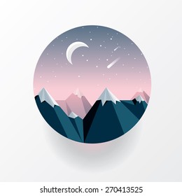 round landscape icon in geometric triangular low polygon style. Mountain peaks on the moonlight with stars and  meteor shower