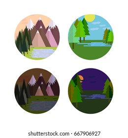 Conjunto de iconos de paisaje redondo. Ilustración del vector