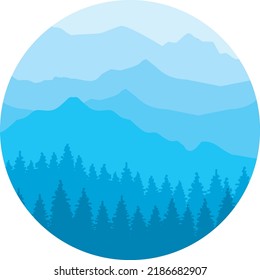 Runde Landschaft mit Bergen und Bäumen. Vektorgrafik