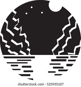 Round landscapes icon. Flat style illustration. Mountains, river and moon