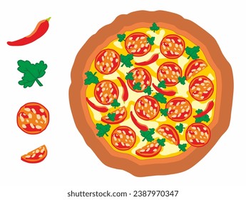 Round large pizza with
cheese, smoked sausage salami, hot red pepper, 
mayonnaise and parsley. 
Pizza elements. Vector illustration.