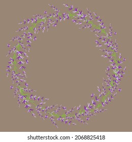 Round lavender frame. Vector illustration. A place for your text. A circle of lavender flowers. Design for a thank you card, greeting card or invitation.