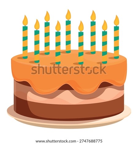 Round layered birthday cake with orange frosting and lit striped candles, celebrating a special occasion