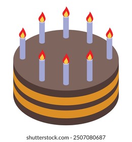 Round layered chocolate birthday cake with nine burning candles is shown in this isometric icon