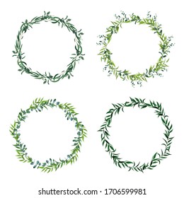 Round Leaf Borders. Circle Green Leaves Wreath, Floral Frames, Decorative Circle Invitation. Floral Decorations Isolated Vector Icons Set. Green Leaf Frame, Border Wreath Greenery Illustration