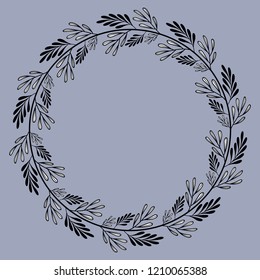 Round leaf frame with black and white doodle branches.Wreath for your design with place for your text.Decoration for greeting card,wedding invitation,save the date