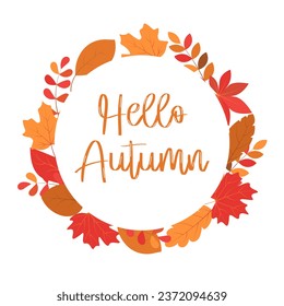 Round leaf frame on white background. Autumn greeting card.