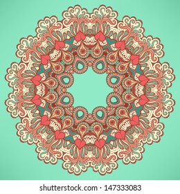 round leaf green pink abstract pattern with hearts and flowers 