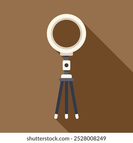 Round led lamp for streaming standing on tripod on brown background, flat design icon with long shadow