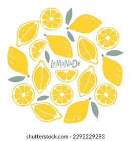 Round Lemon frame for Lemonade label. Color Lemon fruit with lettering, hand drawn sketch isolated. Freehand doodle vector illustration. Vector Illustration for lemonade. Round wreath of lemon