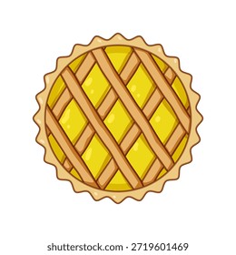 Round lemon pie with bright yellow filling beneath a neat lattice crust, classic homemade dessert illustration on white background, top view, cute simplified bakery icon for baking and food projects