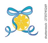 Round lemon slice decorated with a flirty blue bow. Vector color illustration. Whimsical summer Italian print. Traditional Mediterranean treat. Amalfi style with citrus and lemon.