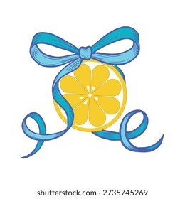 Round lemon slice decorated with a flirty blue bow. Vector color illustration. Whimsical summer Italian print. Traditional Mediterranean treat. Amalfi style with citrus and lemon.