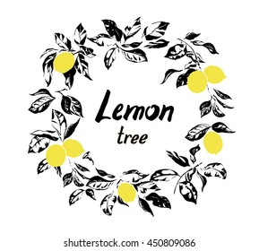 Round with lemon tree hand drawn black ink. Vector illustration