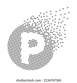 Round letter P fast pixel dots. Pixel art with letter P. Integrative pixel movement. Creative dissolved and dispersed moving dot art. Modern icon creative ports. Vector logo design.