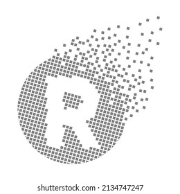 Round letter R fast pixel dots. Pixel art with letter R. Integrative pixel movement. Creative dissolved and dispersed moving dot art. Modern icon creative ports. Vector logo design.